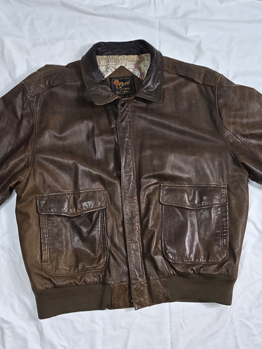 Men's Brown Leather Bomber Jacket with Front Flap Pockets